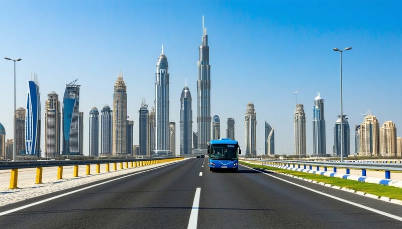 Dubai skyline with Road Pass Journey Travel tour bus Dubai skyline with Road Pass Journey Travel tour bus