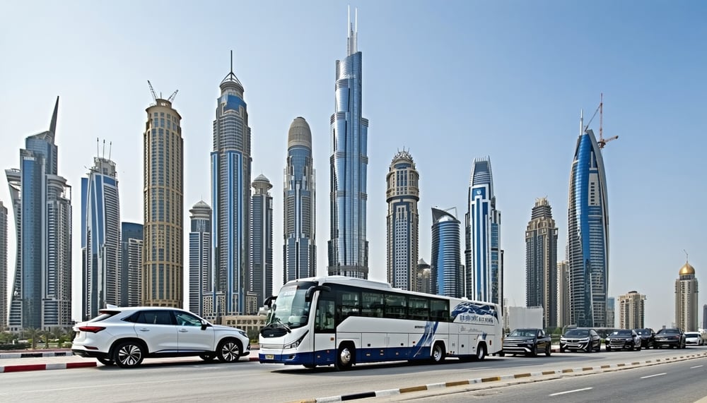 Dubai skyline with iconic landmarks and luxury transportation Dubai skyline with iconic landmarks and luxury transportation